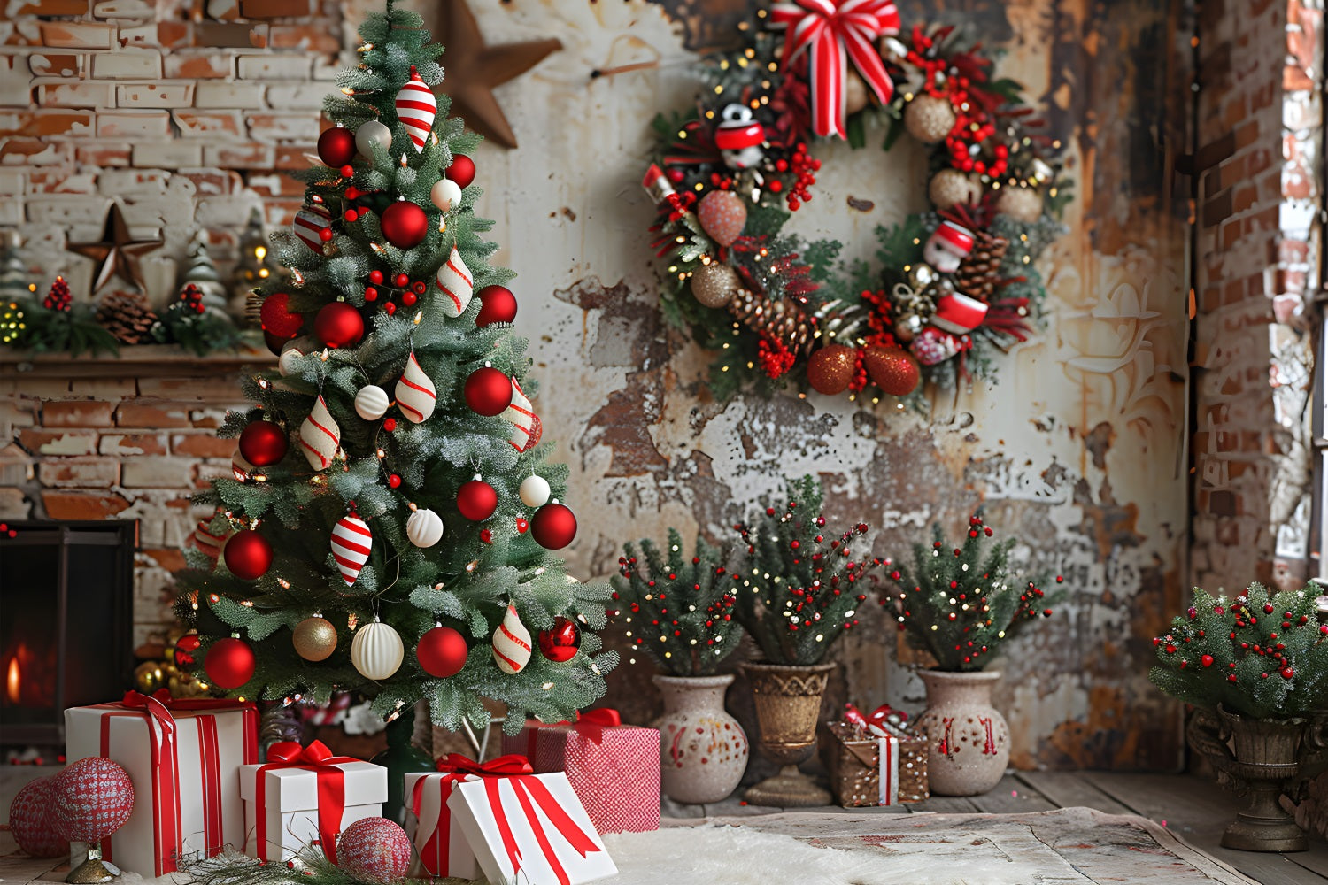 Christmas Cozy Brick Wall Rustic Ornaments Backdrop UK RR7-678