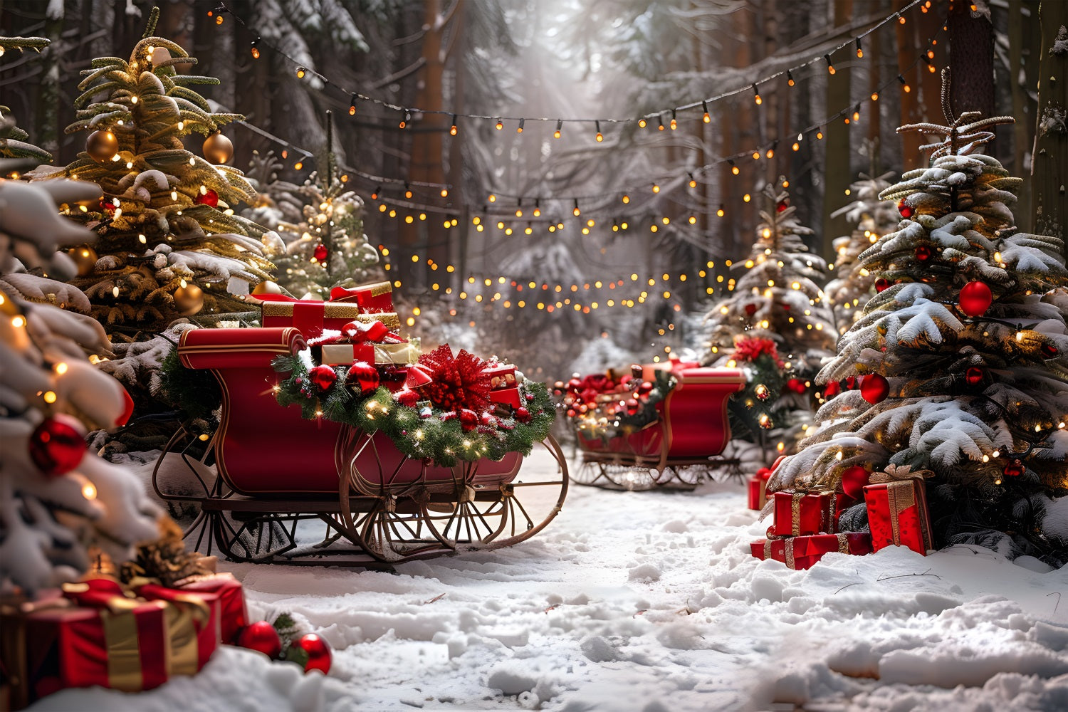 Christmas Sleighs Lights Snowy Forest Backdrop UK RR7-680