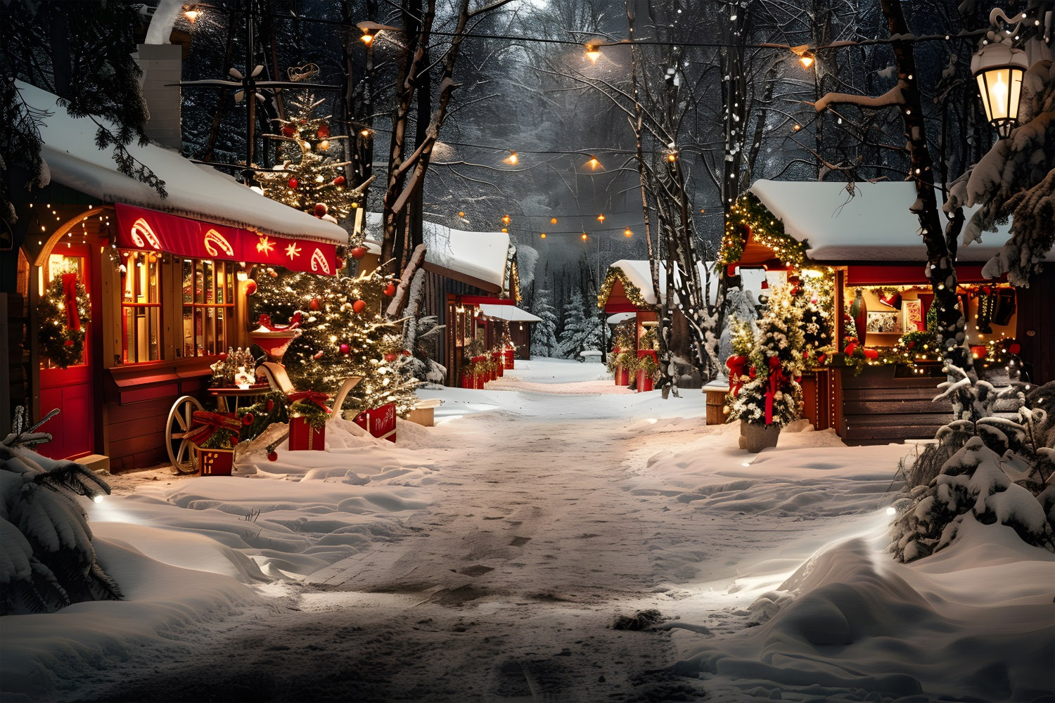 Christmas Shop Stalls Snowy Night Forest Backdrop UK RR7-681