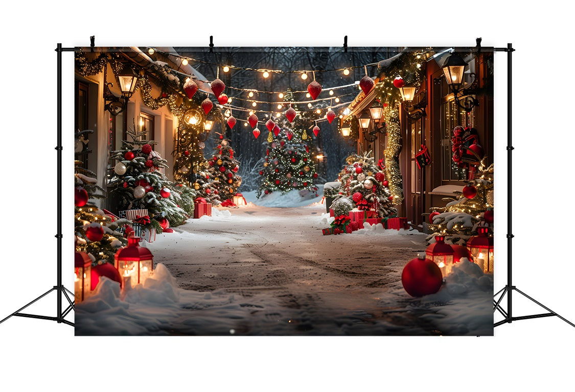 Christmas Village Lane Trees Lanterns Backdrop UK RR7-683