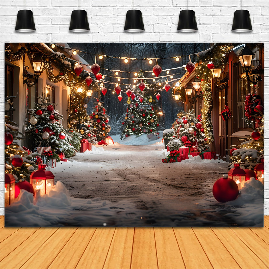 Christmas Village Lane Trees Lanterns Backdrop UK RR7-683