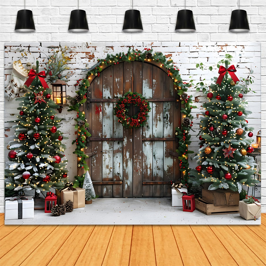 Christmas Rustic Doorway Festive Trees Backdrop UK RR7-687