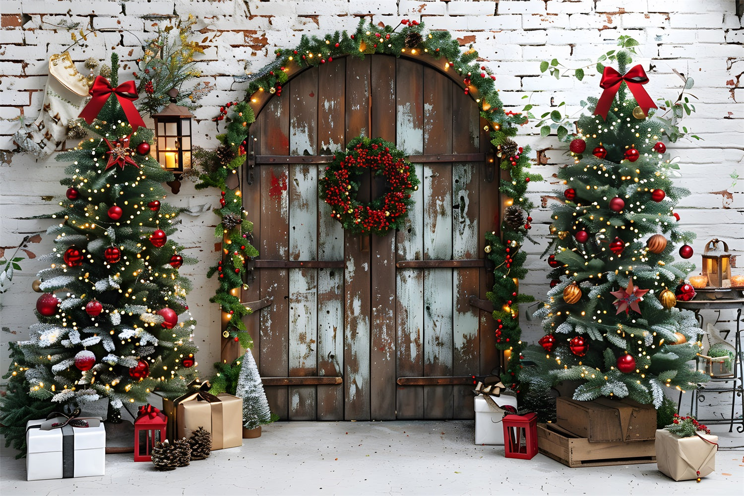 Christmas Rustic Doorway Festive Trees Backdrop UK RR7-687