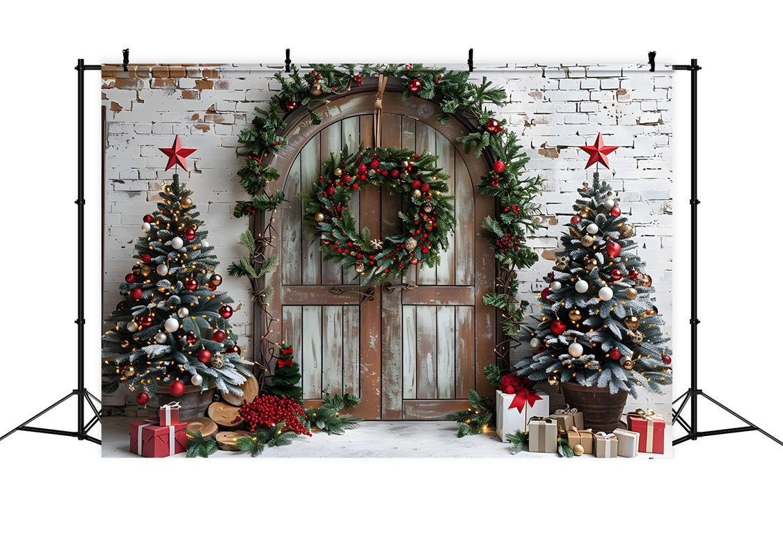 Christmas Festive Trees Rustic Arched Door Backdrop UK RR7-688