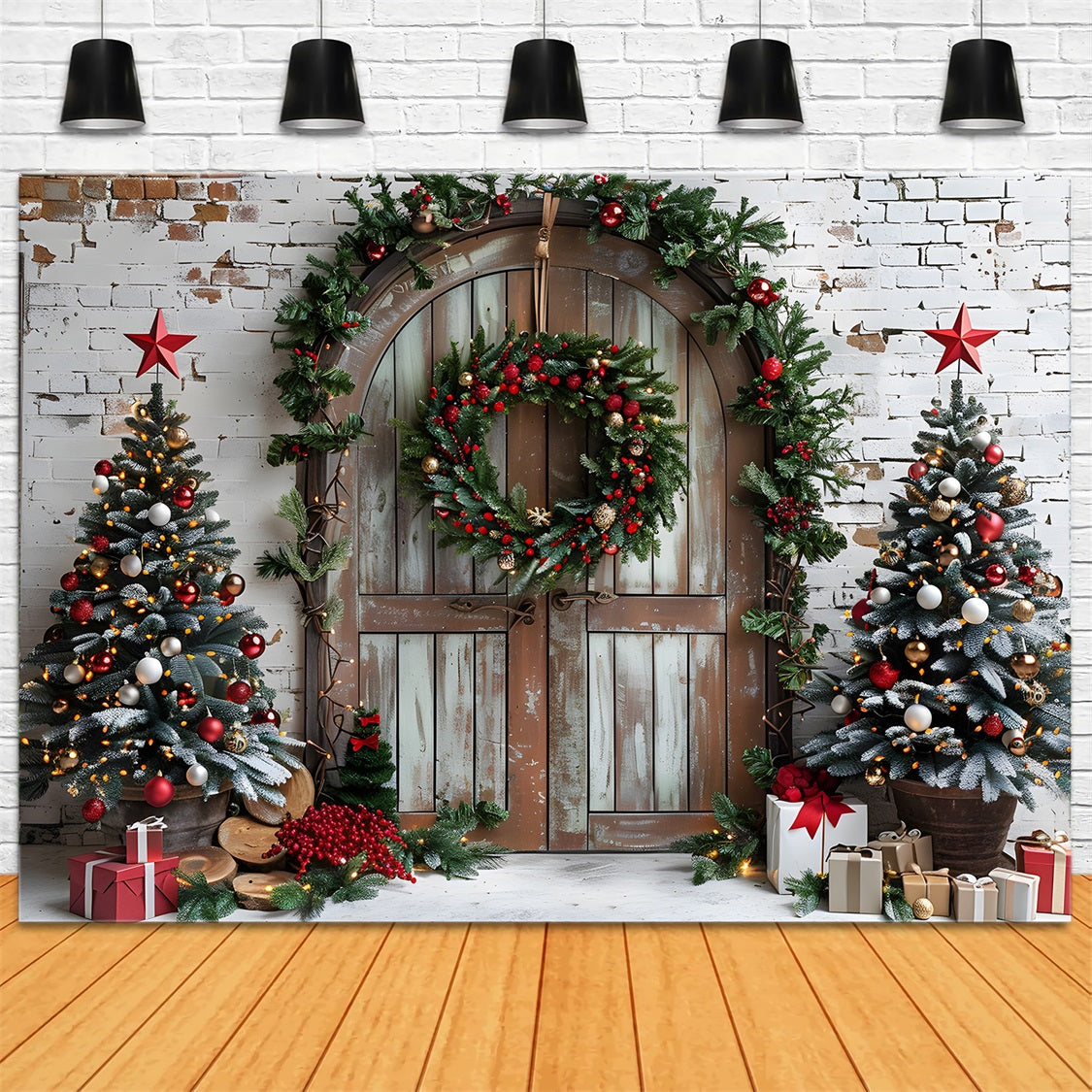 Christmas Festive Trees Rustic Arched Door Backdrop UK RR7-688