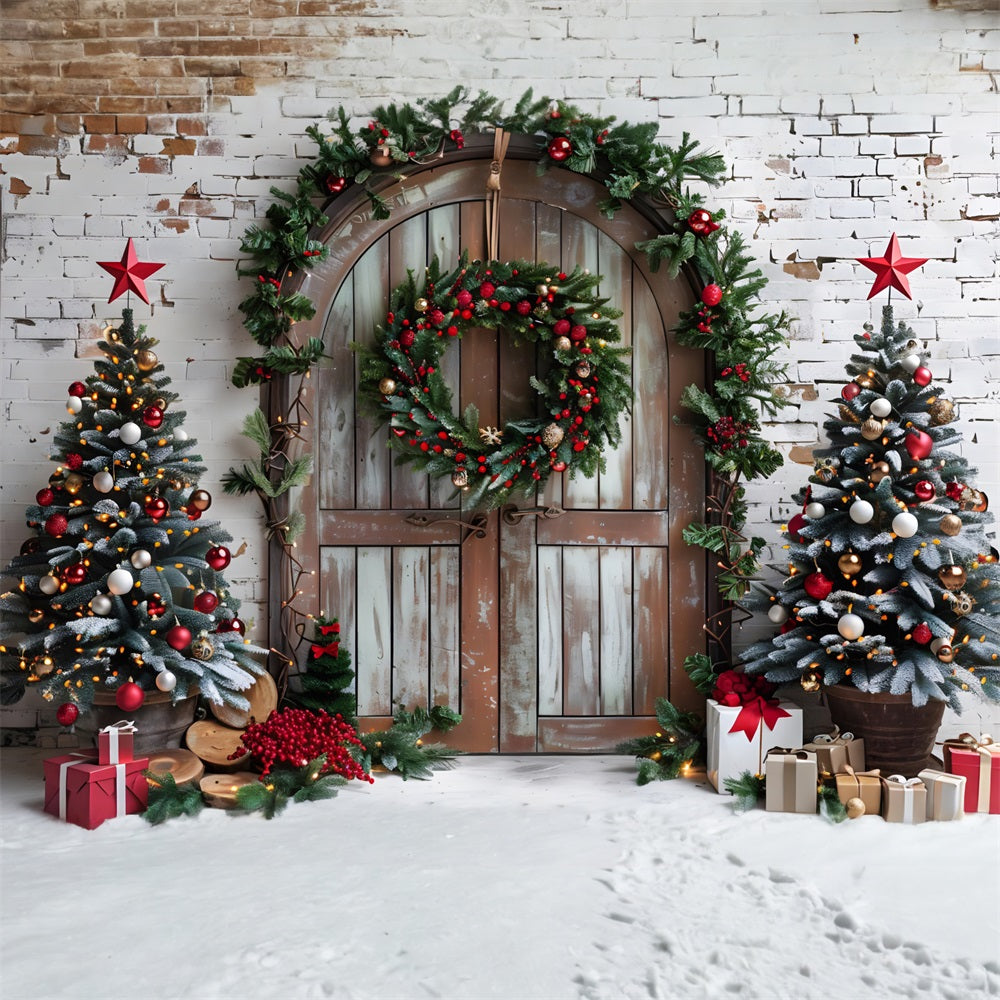 Christmas Festive Trees Rustic Arched Door Backdrop UK RR7-688