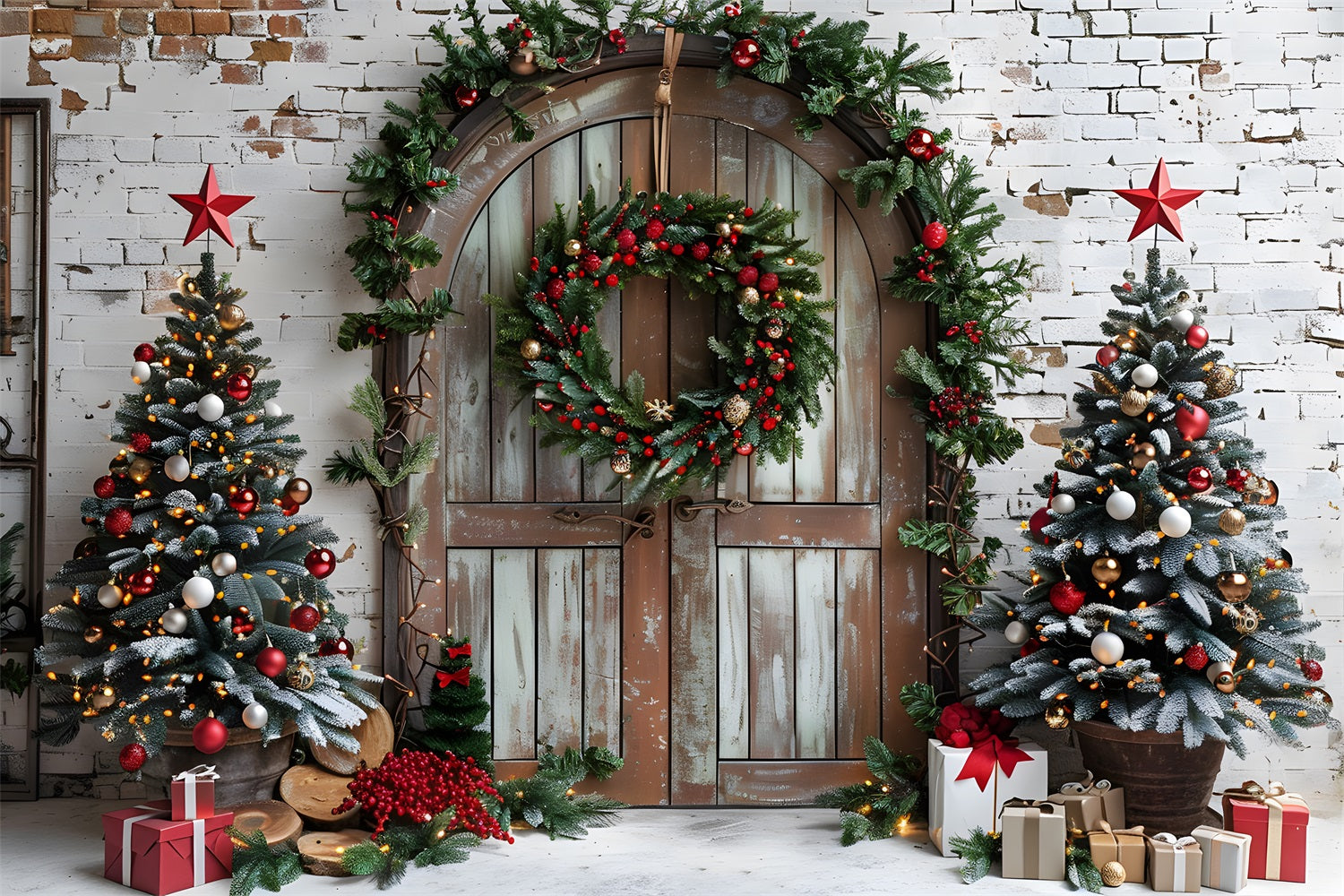 Christmas Festive Trees Rustic Arched Door Backdrop UK RR7-688