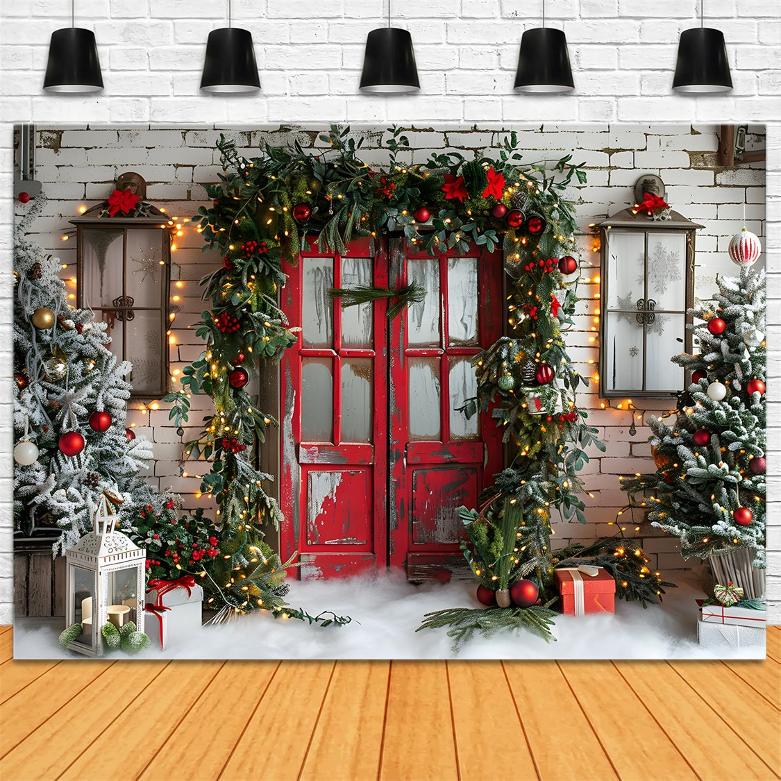 Christmas Rustic Red Door Festive Garland Backdrop UK RR7-689