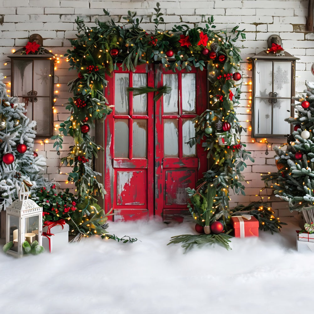 Christmas Rustic Red Door Festive Garland Backdrop UK RR7-689