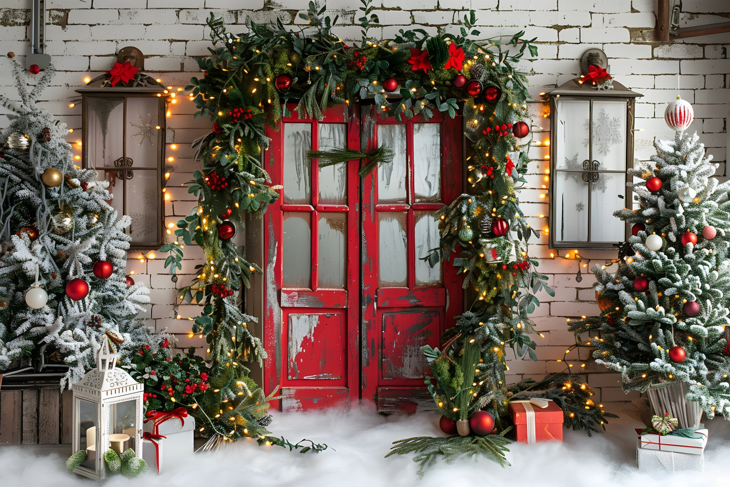 Christmas Rustic Red Door Festive Garland Backdrop UK RR7-689