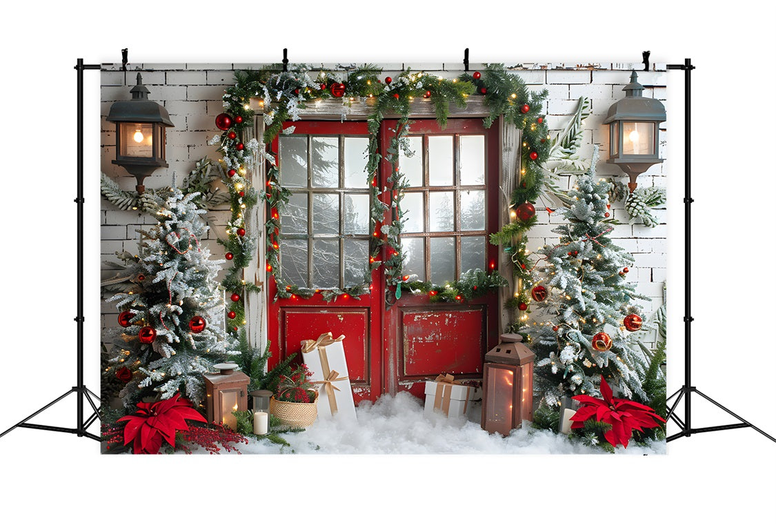 Christmas Snowy Red Door Garland Backdrop UK RR7-692