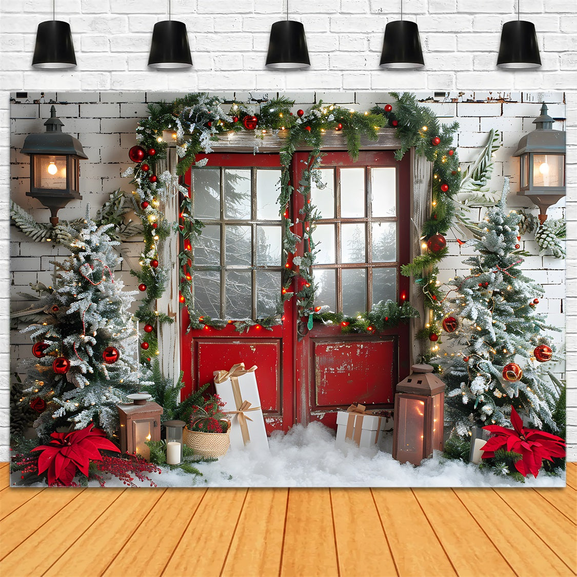 Christmas Snowy Red Door Garland Backdrop UK RR7-692