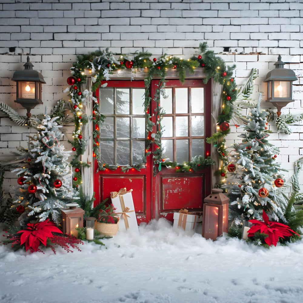 Christmas Snowy Red Door Garland Backdrop UK RR7-692