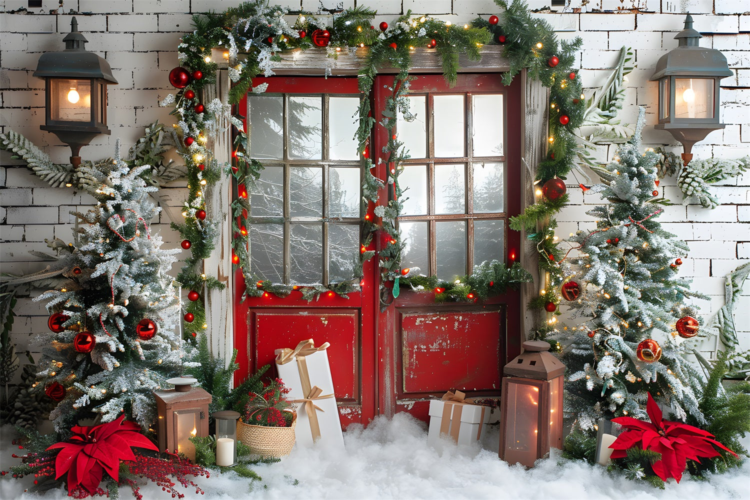 Christmas Snowy Red Door Garland Backdrop UK RR7-692