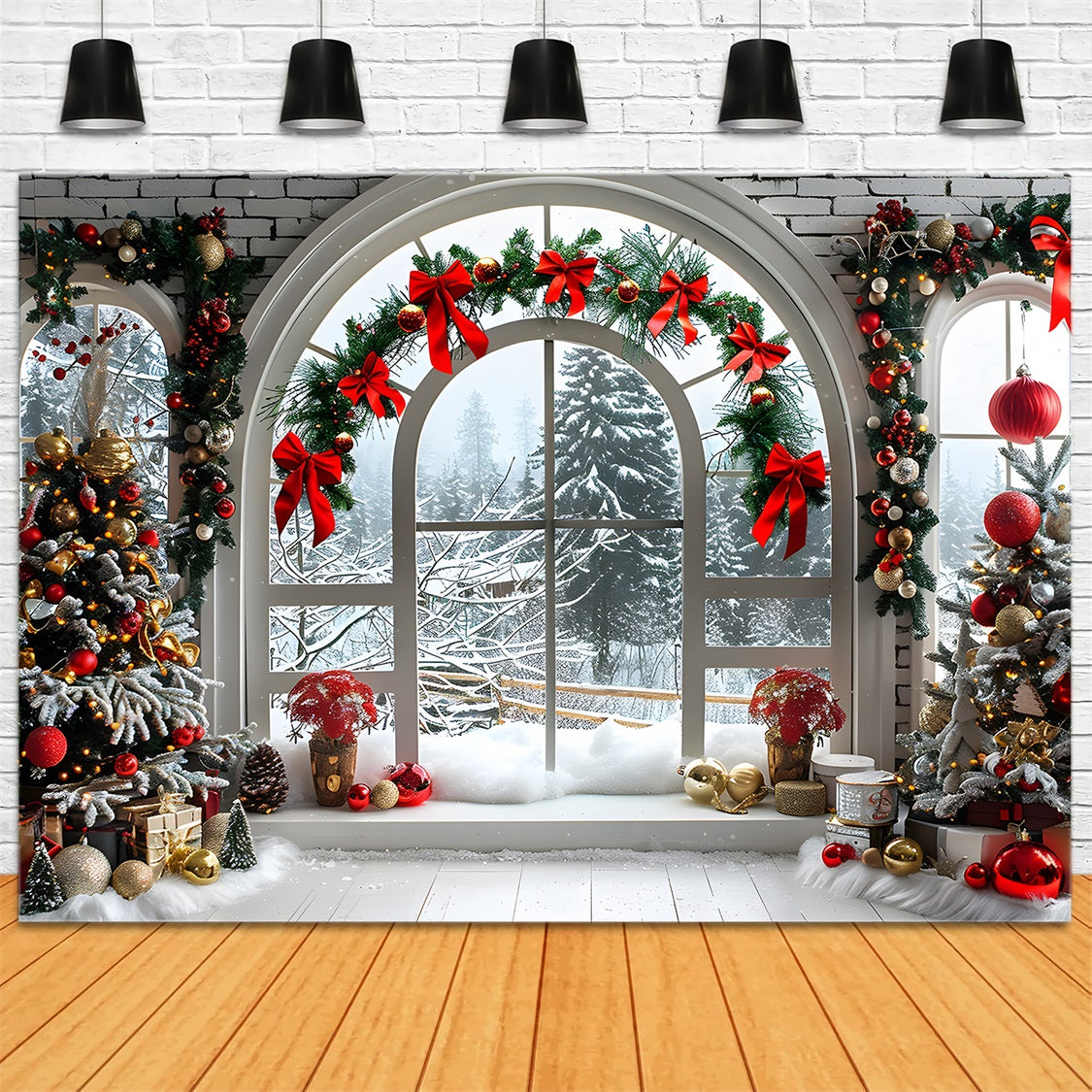 Christmas Arched Window Snowy Landscape Backdrop UK RR7-696