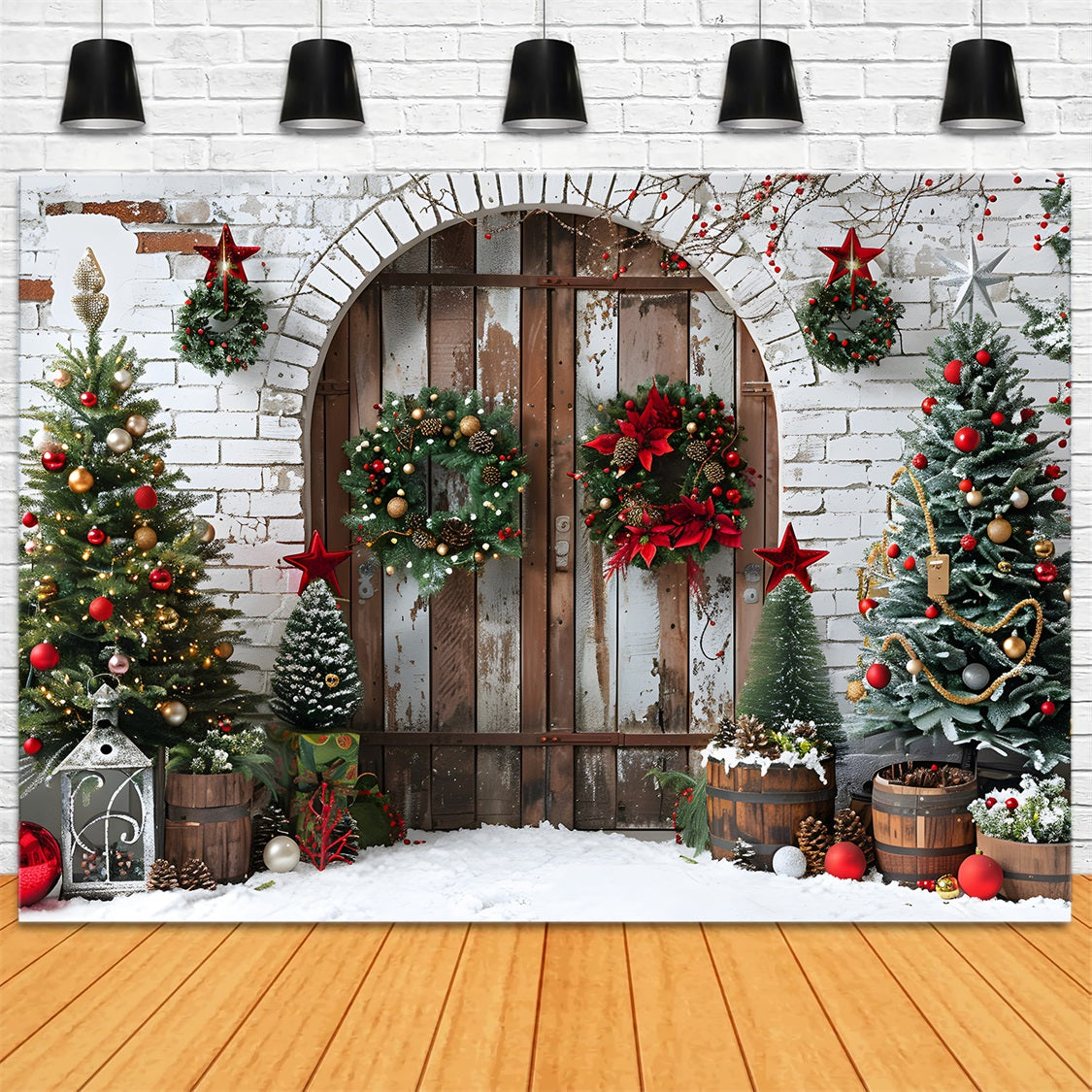 Christmas Rustic Wooden Door Wreaths Backdrop UK RR7-697