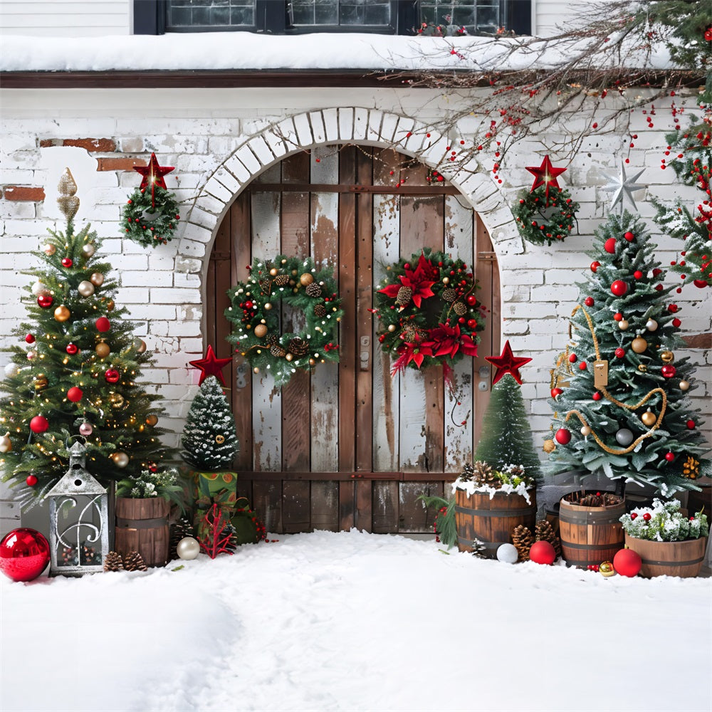 Christmas Rustic Wooden Door Wreaths Backdrop UK RR7-697