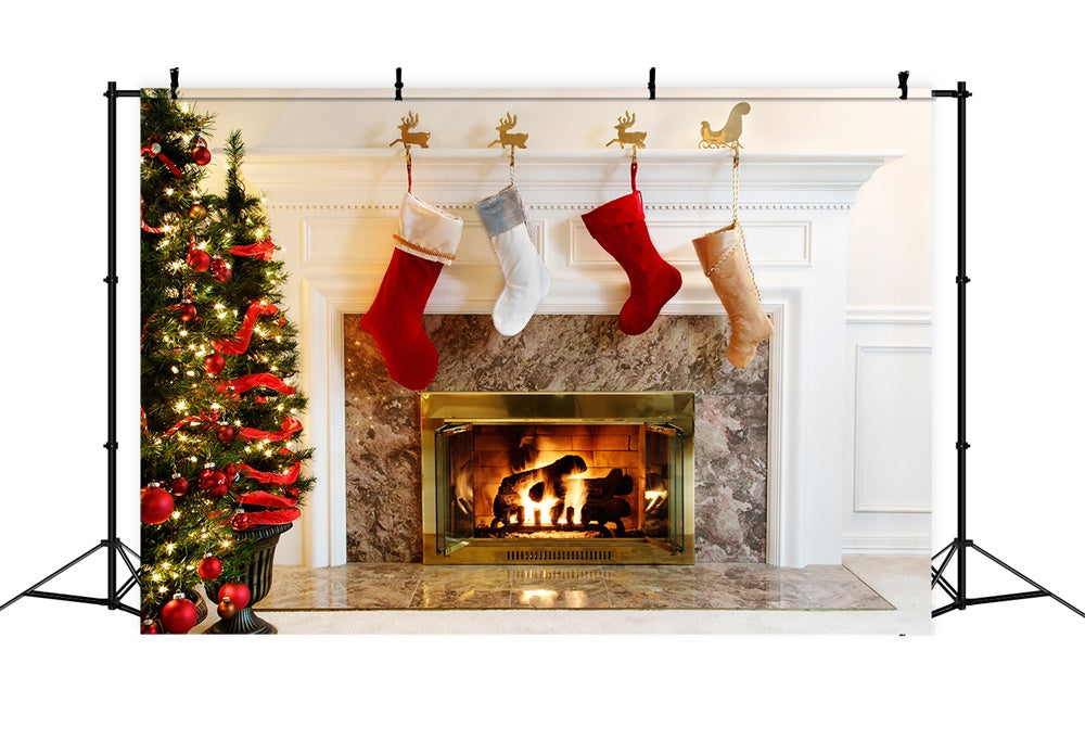 Christmas Tree White Fireplace Stocking Backdrop UK RR7-711