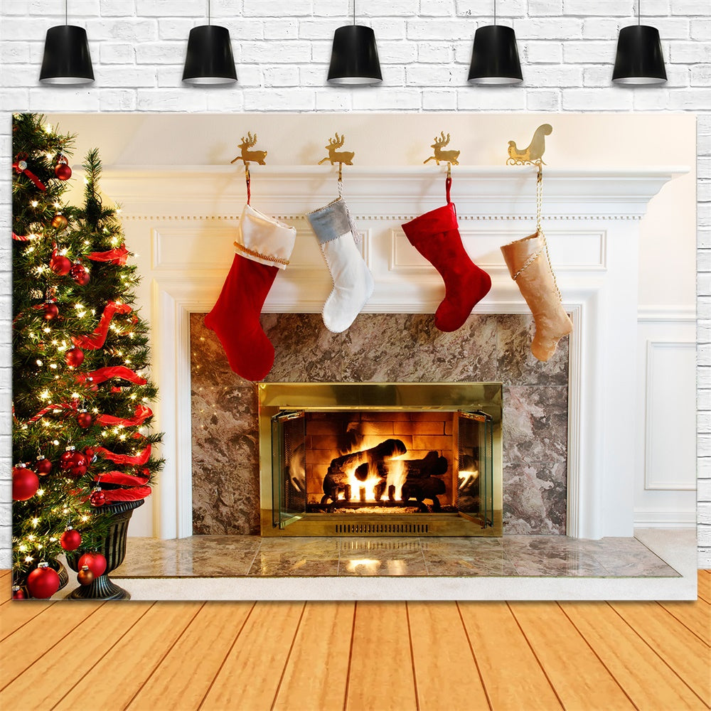 Christmas Tree White Fireplace Stocking Backdrop UK RR7-711