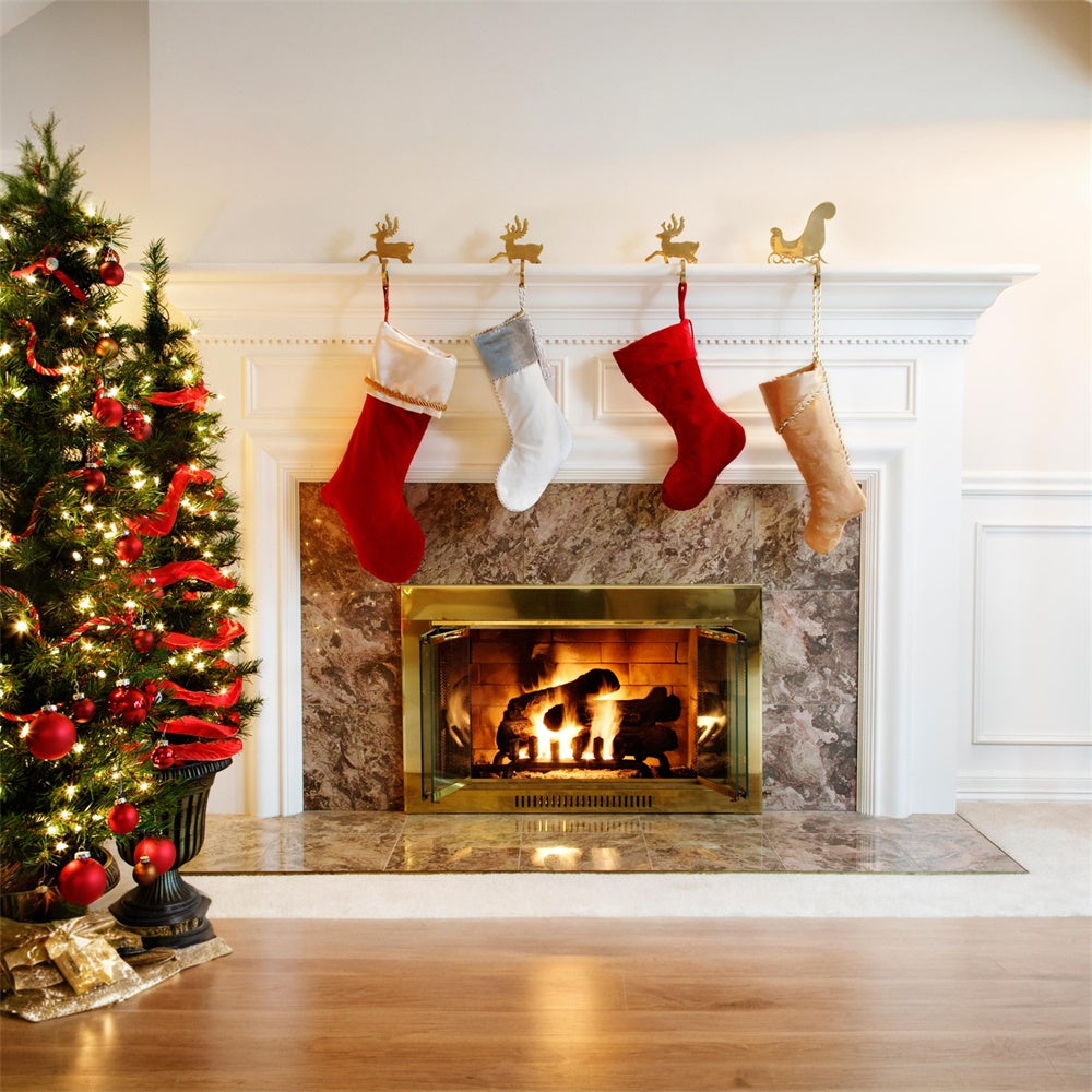 Christmas Tree White Fireplace Stocking Backdrop UK RR7-711