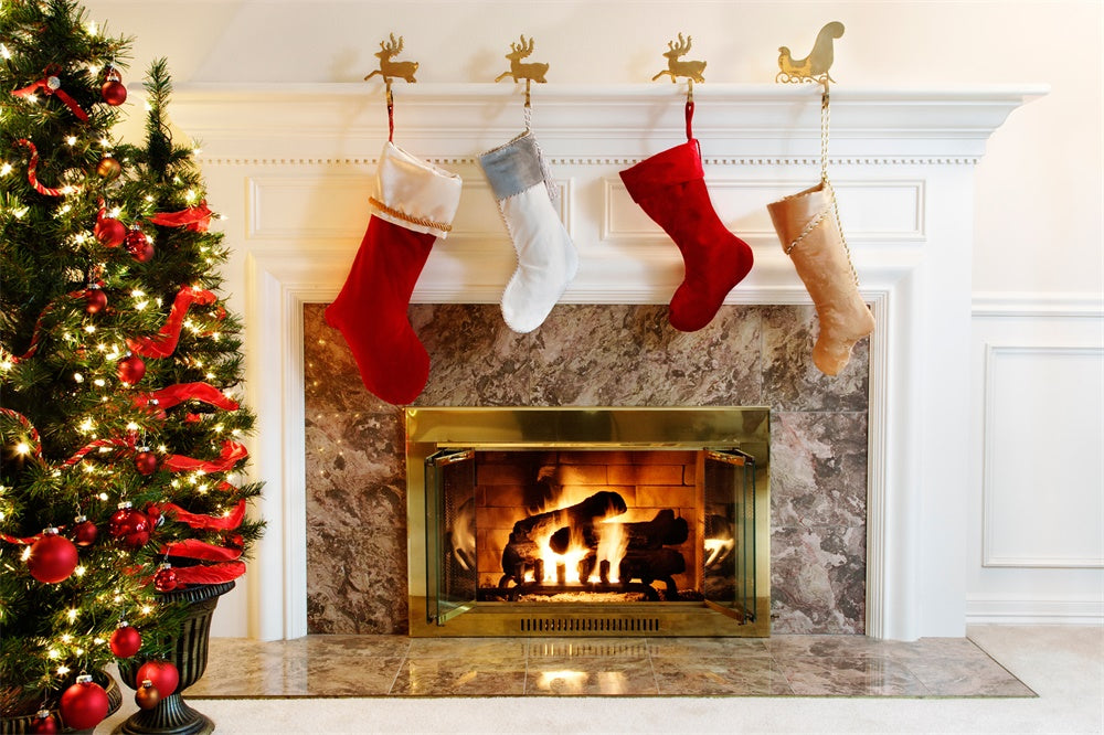 Christmas Tree White Fireplace Stocking Backdrop UK RR7-711