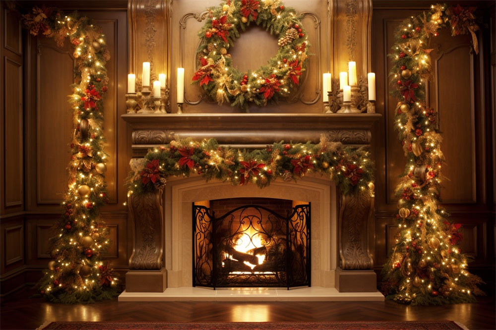 Christmas Glowing Wreath Fireplace Candles Backdrop UK RR7-712