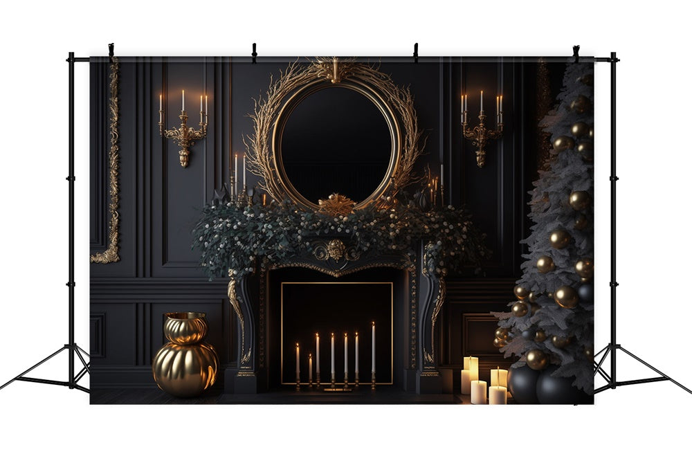 Black Wall Fireplace Christmas Tree Backdrop UK RR7-713