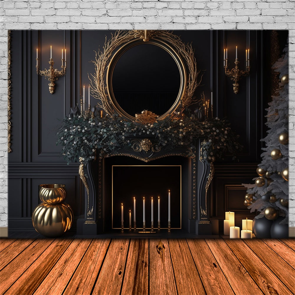 Black Wall Fireplace Christmas Tree Backdrop UK RR7-713