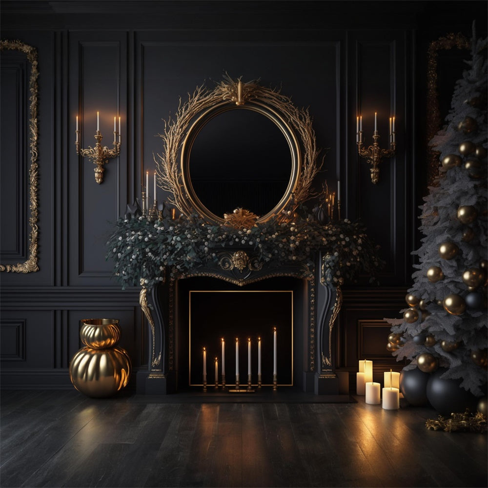 Black Wall Fireplace Christmas Tree Backdrop UK RR7-713