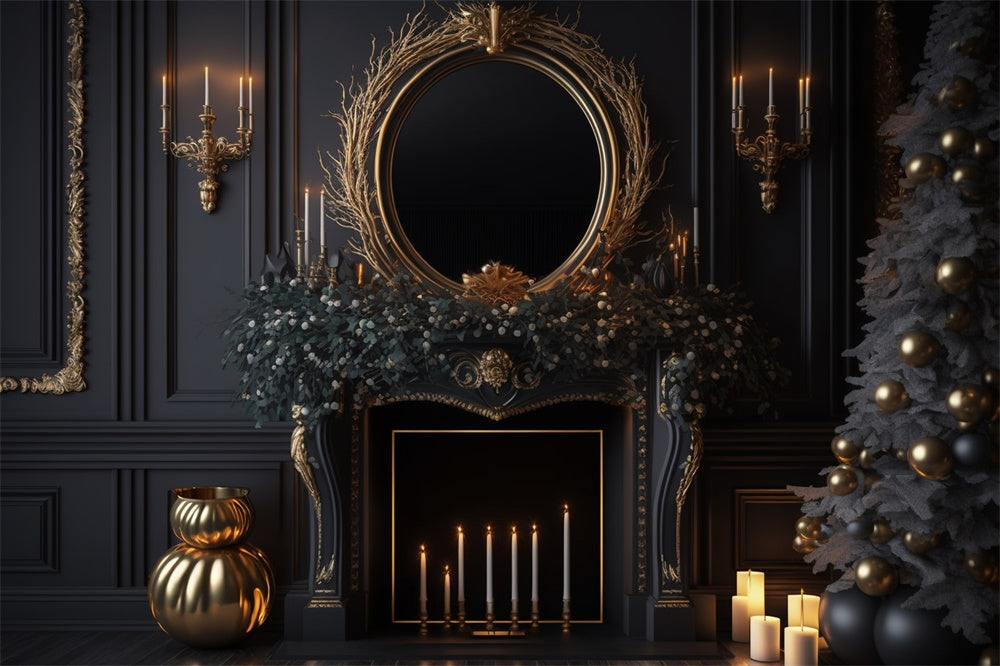 Black Wall Fireplace Christmas Tree Backdrop UK RR7-713