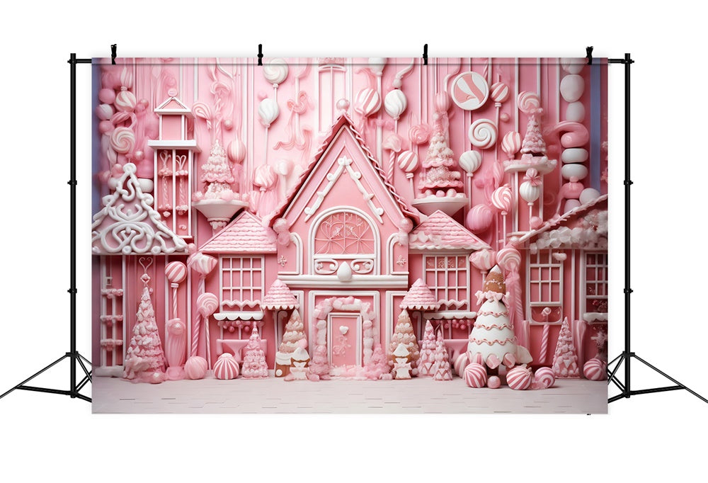 Pink Gingerbread Candy House Christmas Backdrop UK RR7-714