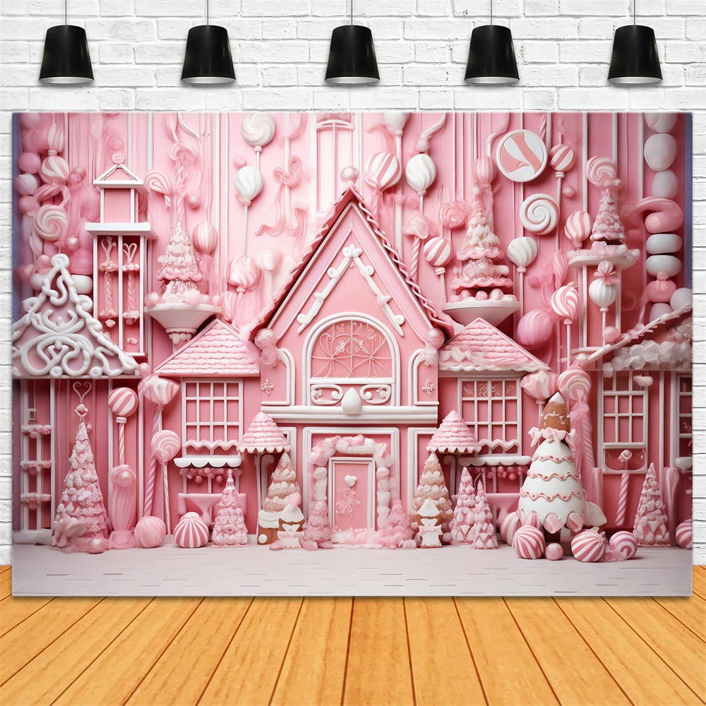 Pink Gingerbread Candy House Christmas Backdrop UK RR7-714