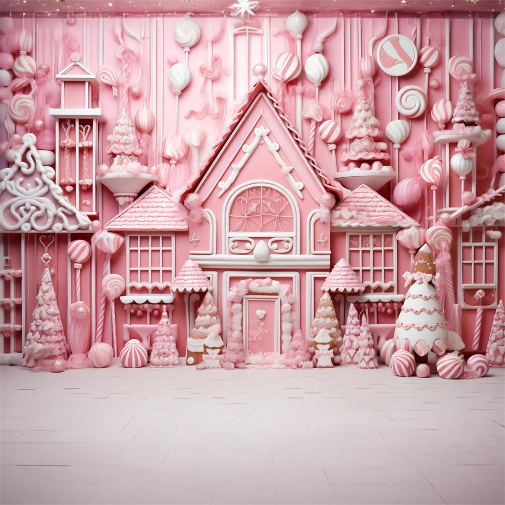 Pink Gingerbread Candy House Christmas Backdrop UK RR7-714