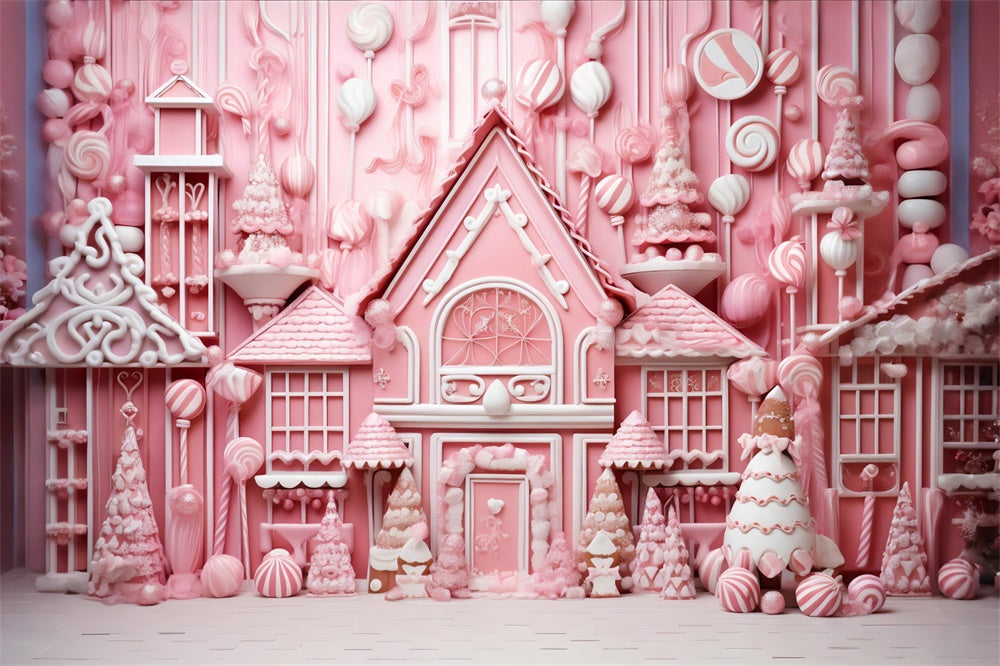 Pink Gingerbread Candy House Christmas Backdrop UK RR7-714