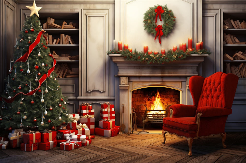 Christmas Tree Gift Boxes Fireplace Backdrop UK RR7-718