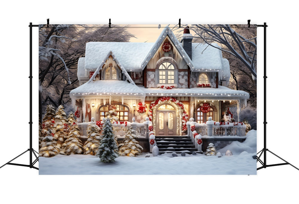 Snowy Woods House Christmas Tree Backdrop UK RR7-720