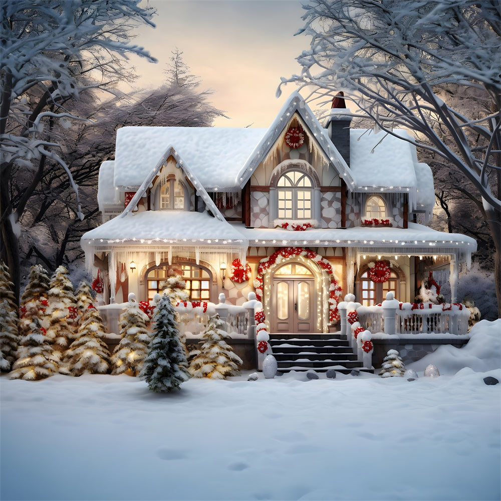 Snowy Woods House Christmas Tree Backdrop UK RR7-720