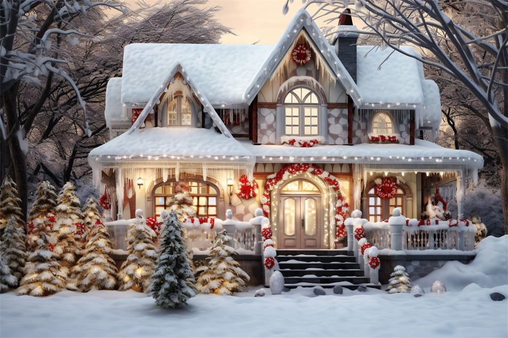 Snowy Woods House Christmas Tree Backdrop UK RR7-720