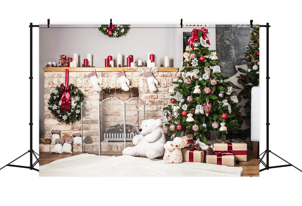 Toy Bear Fireplace Christmas Tree Backdrop UK RR7-723