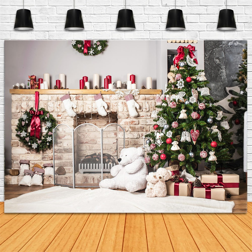 Toy Bear Fireplace Christmas Tree Backdrop UK RR7-723