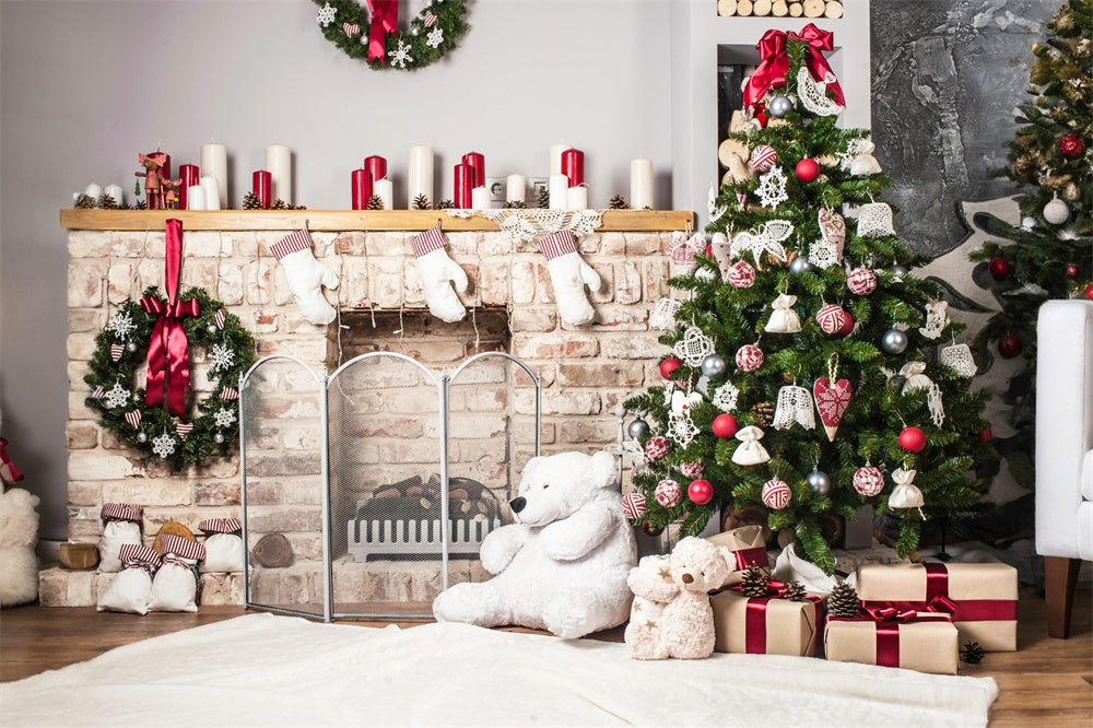 Toy Bear Fireplace Christmas Tree Backdrop UK RR7-723