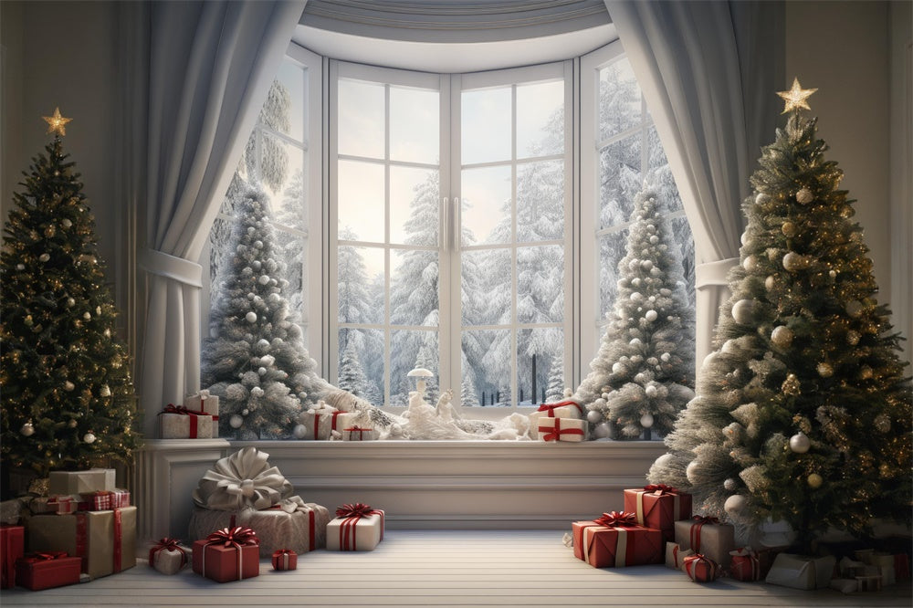 Christmas Window Snowy Tree Scenery Backdrop UK RR7-728