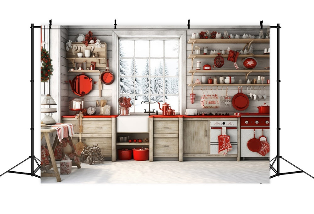 Snowy Forest Cabin Christmas Kitchen Backdrop UK RR7-730