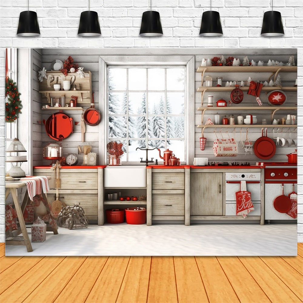 Snowy Forest Cabin Christmas Kitchen Backdrop UK RR7-730