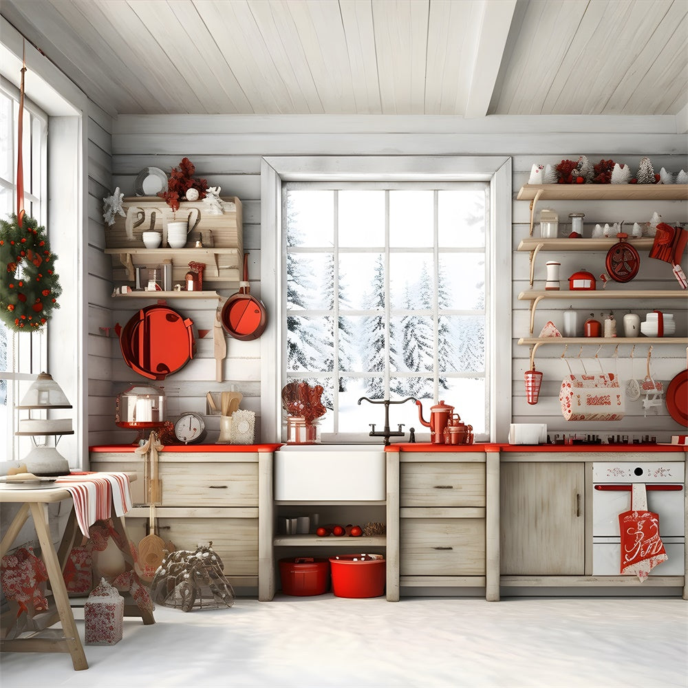 Snowy Forest Cabin Christmas Kitchen Backdrop UK RR7-730