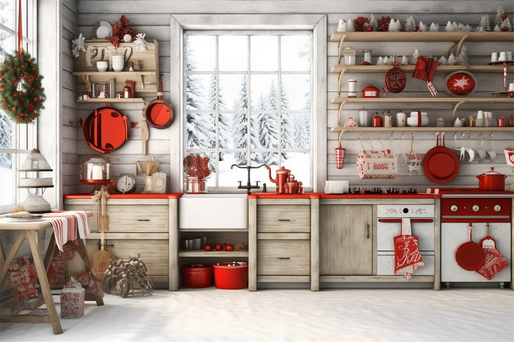 Snowy Forest Cabin Christmas Kitchen Backdrop UK RR7-730