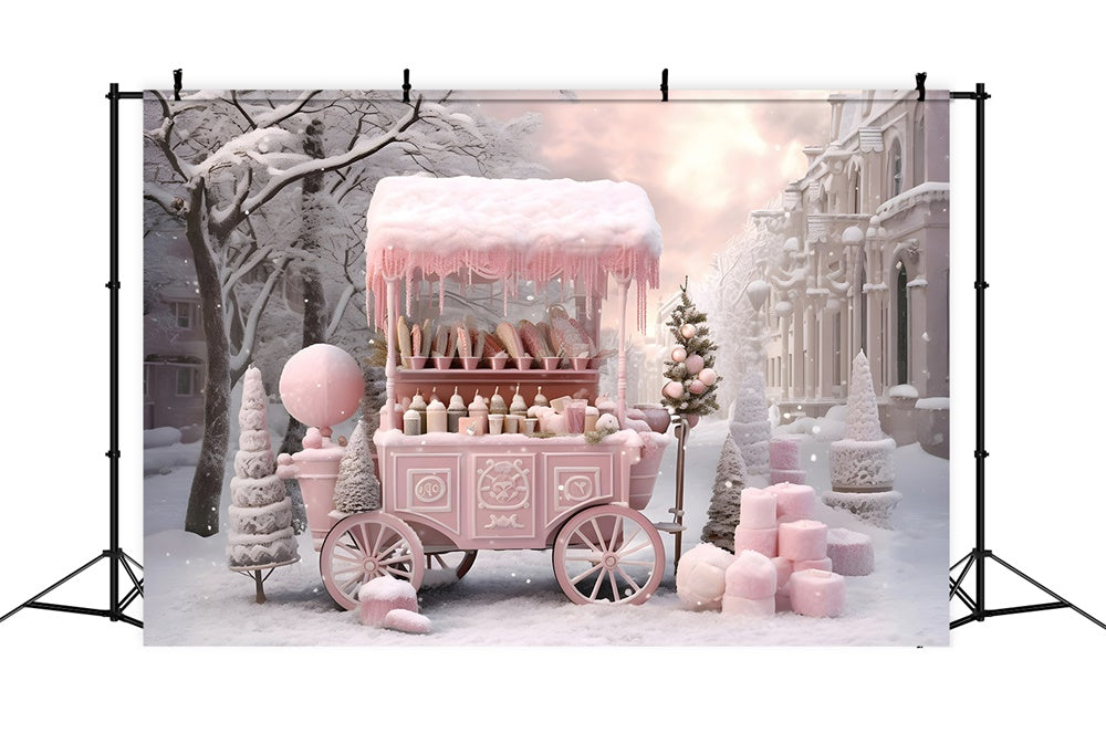 Christmas Pink Candy Shop Cart Snow Backdrop UK RR7-738