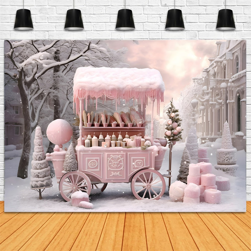 Christmas Pink Candy Shop Cart Snow Backdrop UK RR7-738