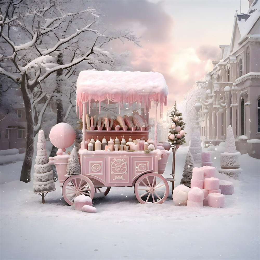 Christmas Pink Candy Shop Cart Snow Backdrop UK RR7-738