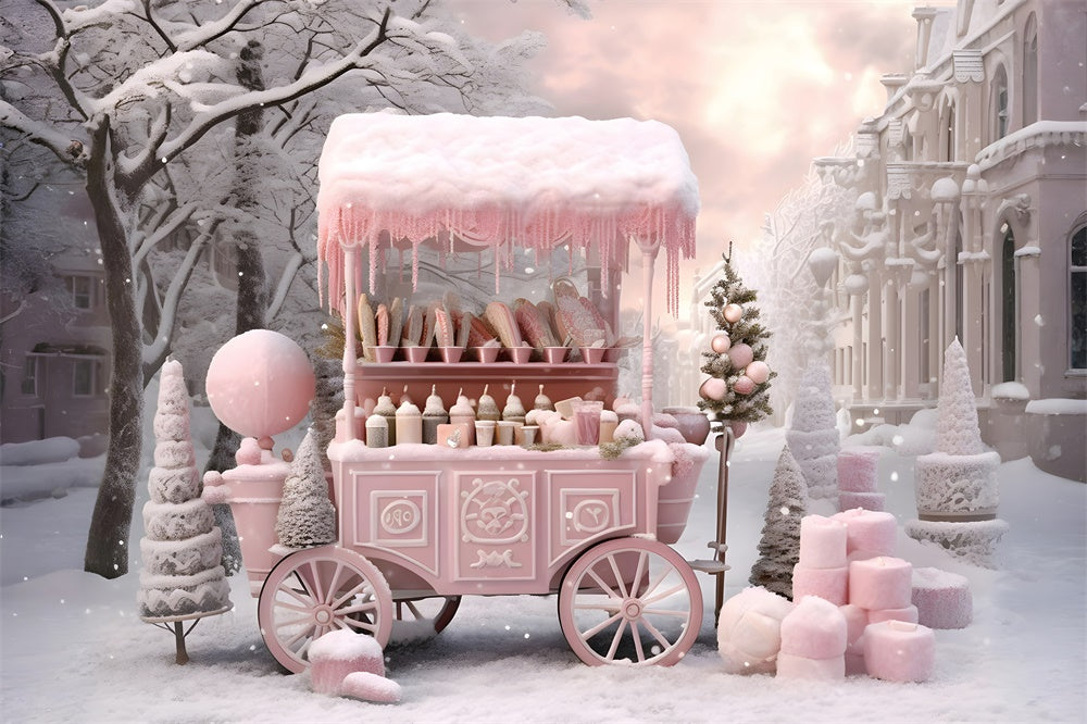 Christmas Pink Candy Shop Cart Snow Backdrop UK RR7-738